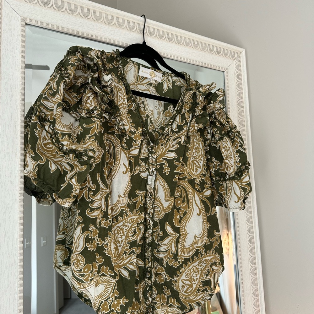 Anna Cate Floral Puff Sleeve Blouse - Green and White